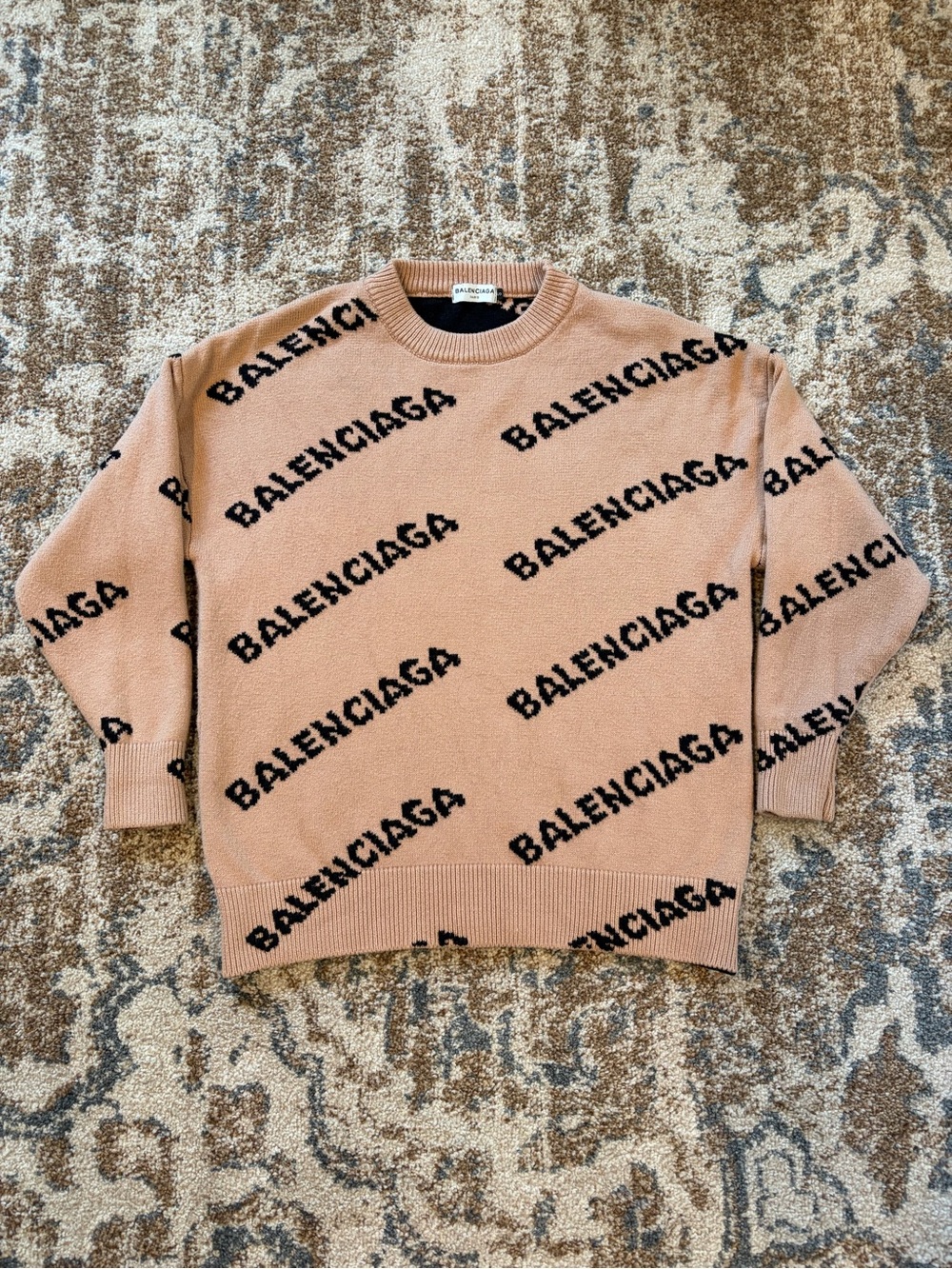 Balenciaga Beige Crewneck Sweater with Black Logo Print